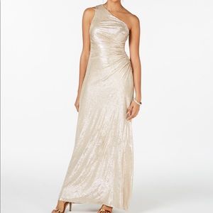 Gold one shoulder metallic gown- Calvin Klein